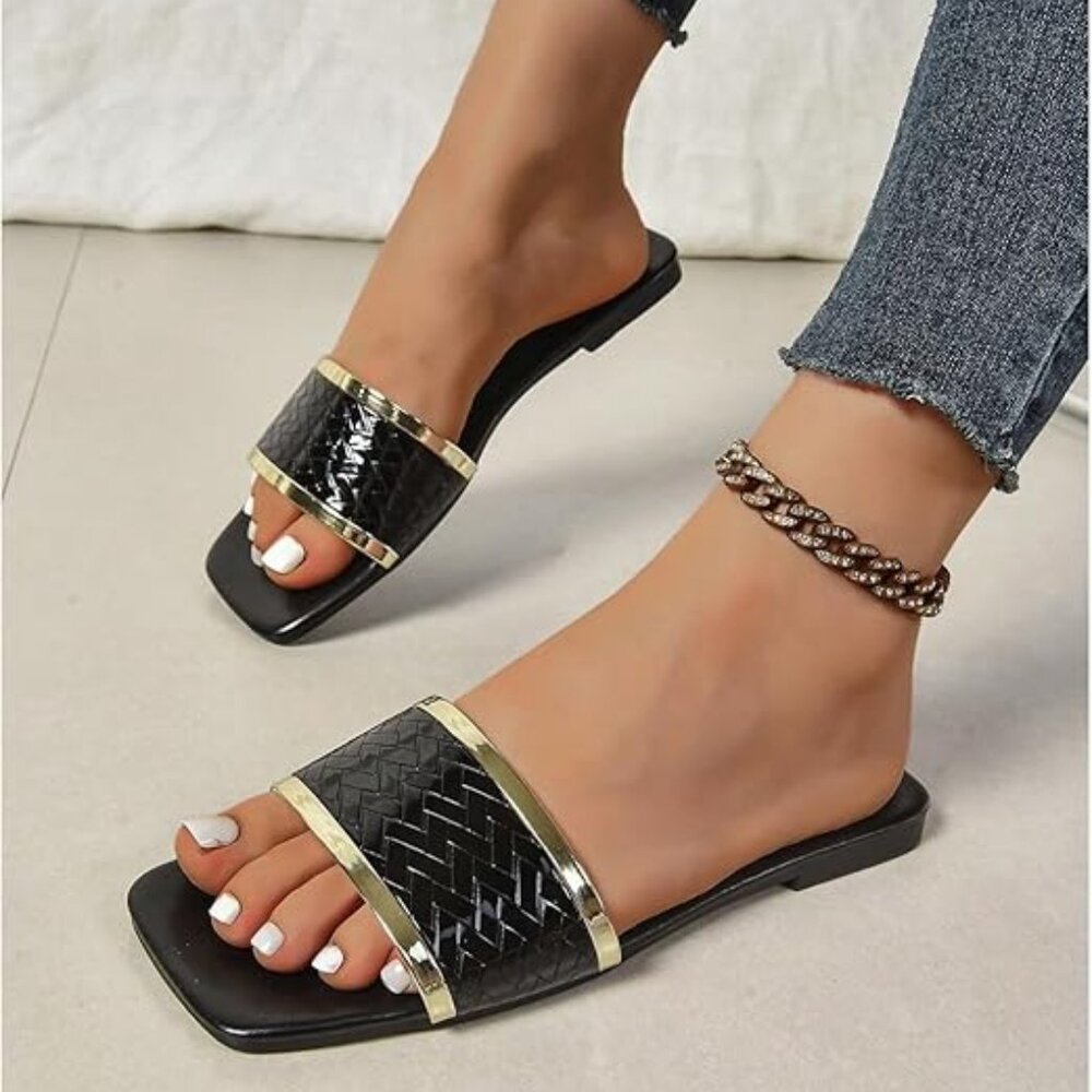 Metallic Sandals Square Open Toe Slip on Sandals